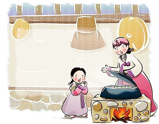 EPS 한국전통 여자 명절 어린이 고건축 일러스트 가족 엄마 열쇠 새해 실내 사람 소녀 두명 설날 바구니 가마솥 전통의상 한복 모닥불 키_도구 송편 여자만 국내일러스트 전통 건축물 기념일 관계 불 떡 한국 내부 도구 솥 파일형식 벡터