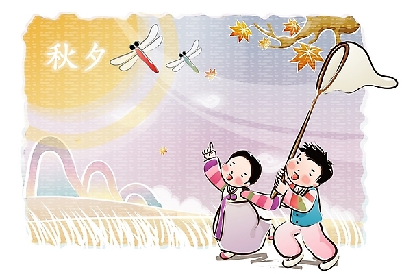 EPS 한국전통 여자 명절 남자 어린이 단풍 일러스트 놀이 나뭇잎 사람 소녀 소년 초원 야외 두명 추석 달 전통의상 한복 고추잠자리 채집망 어린이만 국내일러스트 자연요소 전통 기념일 잎 한국 잠자리 파일형식 벡터