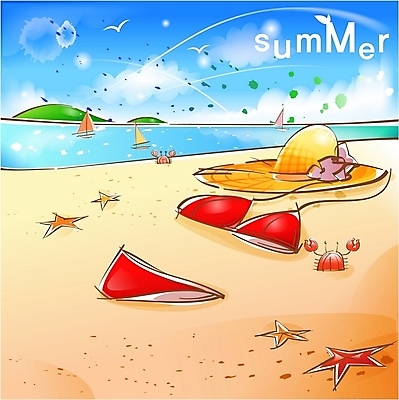 EPS 주간 모자 옷 사계절 계절 수영복 모래 바다 백그라운드 일러스트 자연 불가사리 해변 사람없음 야외 여름 비키니 꽃게 국내일러스트 자연요소 잡화 극피동물 게 생태계 파일형식 벡터