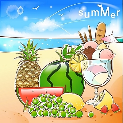 EPS 주간 식물 사계절 계절 열매 모래 바다 백그라운드 과일 일러스트 자연 갈매기 하늘 딸기 포도 아이스크림 수박 해변 사람없음 야외 컵 여름 과자 레몬 파인애플 대서 파르페 국내일러스트 자연요소 식기 조류 디저트 절기 열대과일 생태계 파일형식 벡터