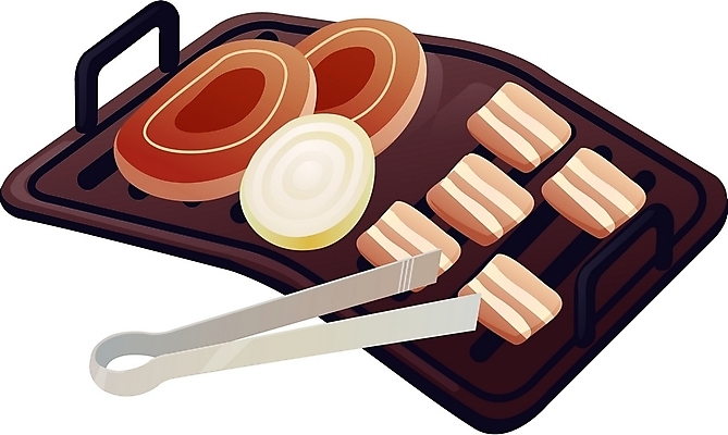 EPS 한국문화 한국전통 한식 음식 채소 일러스트 양파 집게 돼지고기 디테일아이콘 요리 사람없음 하이앵글 구이 삼겹살 불판 음식아이콘 외식 목심 국내일러스트 아이콘 동양문화 전통 뷰포인트 한국 육류 파일형식 벡터