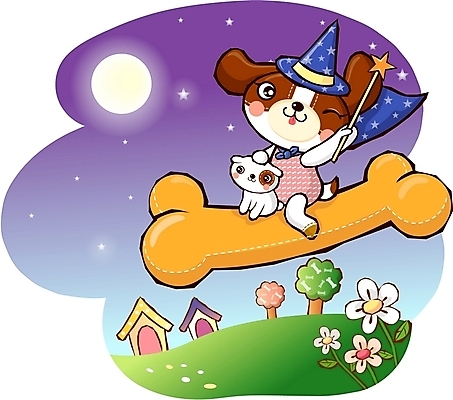 EPS 나무 동물 척추동물 캐릭터 육지동물 꽃 별 반려견 새끼 동물캐릭터 두마리 야경 일러스트 홍보캐릭터 포유류 하늘 뼈 주택 애니멀프린트 초원 야외 건물 반려동물 마을 고깔모자 마술사 보름달 달 비행 막대기 개 강아지 마술봉 개캐릭터 일러캐릭터 자연요소 식물 모자_잡화 건축물 2 마술 야간 마술도구 파일형식 벡터 풍경_경치