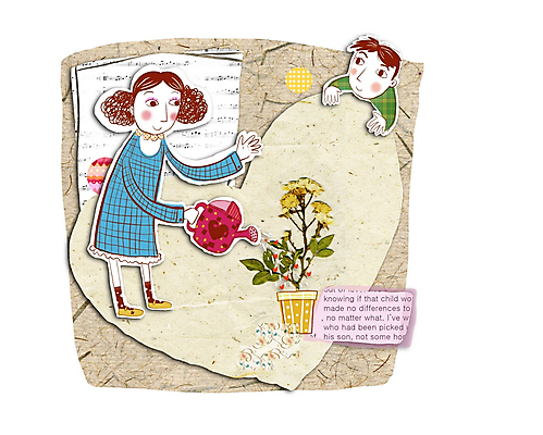 PSD 커플 여자 남자 꽃 화분 일러스트 사랑 사람 소년 두명 물뿌리개 콜라주 짝사랑 국내일러스트 식물 감정 어린이 관계 파일형식