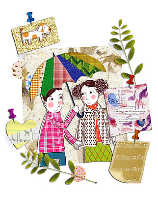 PSD 커플 여자 남자 일러스트 우산 나뭇잎 사랑 사람 소년 두명 메모지 강아지 악보 콜라주 국내일러스트 감정 어린이 음악 잎 관계 반려동물 사무용품 개 파일형식