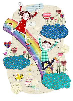 PSD 구름 커플 여자 남자 행복 무지개 일러스트 하늘 사랑 사람 소년 두명 콜라주 국내일러스트 자연요소 감정 어린이 관계 파일형식