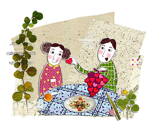 PSD 커플 여자 남자 음식 일러스트 탁자 나뭇잎 사랑 사람 소년 두명 식당 레스토랑 하트 콜라주 상업시설 국내일러스트 모양 감정 어린이 가구 잎 관계 상점 시설 상업 파일형식