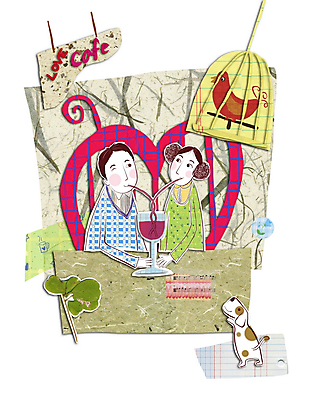 PSD 커플 여자 남자 음료 데이트 일러스트 조류 사랑 사람 소년 두명 식당 레스토랑 카페 강아지 콜라주 새장 상업시설 국내일러스트 동물 감정 어린이 관계 반려동물 상점 개 시설 상업 케이지 파일형식