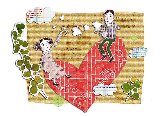 PSD 커플 여자 남자 일러스트 놀이 나뭇잎 사랑 사람 소년 두명 물방울 하트 콜라주 국내일러스트 모양 감정 어린이 잎 관계 파일형식