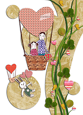 PSD 커플 여자 남자 인형 여행 일러스트 사랑 사람 소년 두명 열기구 하트 토끼 콜라주 국내일러스트 모양 감정 어린이 포유류 관계 항공교통 반려동물 파일형식