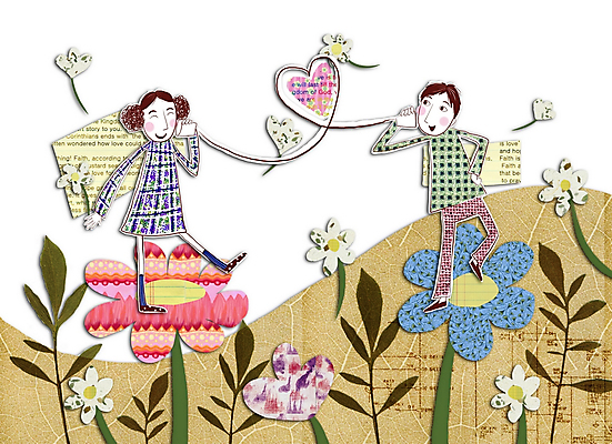 PSD 커플 여자 남자 꽃 행복 일러스트 놀이 사랑 사람 소년 두명 콜라주 통화 국내일러스트 식물 감정 어린이 관계 모션 파일형식