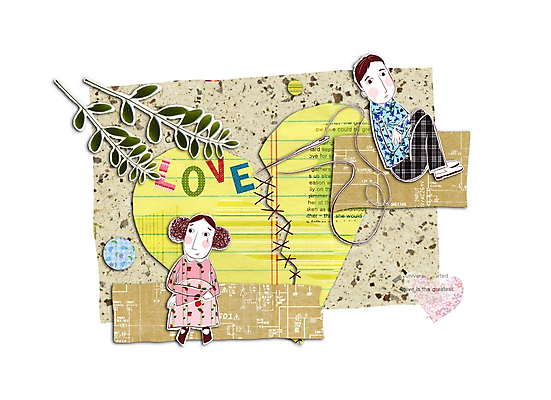 PSD 커플 여자 남자 잎 일러스트 단추 사랑 사람 소년 두명 바늘 실 이별 콜라주 국내일러스트 식물 감정 어린이 컨셉 관계 도구 파일형식