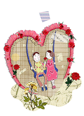 PSD 커플 여자 남자 꽃 일러스트 사랑 사람 소년 두명 장미 하트 그네 콜라주 로즈데이 국내일러스트 모양 식물 감정 어린이 관계 데이이벤트 파일형식