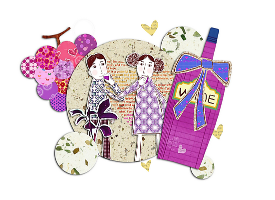 PSD 커플 여자 남자 감정 일러스트 포도 나뭇잎 사랑 사람 소년 두명 와인 병 콜라주 포도송이 와인데이 국내일러스트 식기 어린이 잎 과일 관계 데이이벤트 주류 파일형식