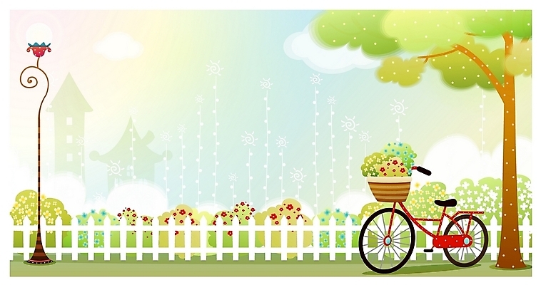 EPS 주간 나무 사계절 계절 공공시설 꽃 육상교통 백그라운드 가로등 일러스트 자연 풍경 사람없음 야외 울타리 자전거 봄 봄배경 국내일러스트 자연요소 식물 교통수단 담장 바이크 시설 생태계 파일형식 벡터