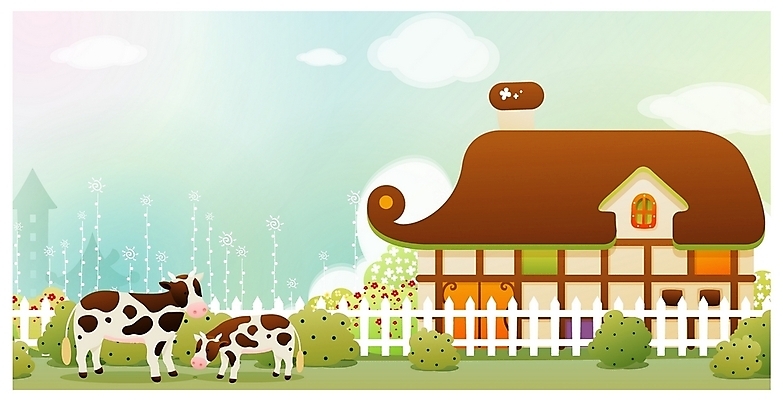 EPS 주간 동물 척추동물 육지동물 사계절 계절 꽃 백그라운드 일러스트 포유류 자연 주택 풍경 사람없음 야외 울타리 봄 목장 소 젖소 봄배경 국내일러스트 자연요소 식물 건물 담장 생태계 파일형식 벡터