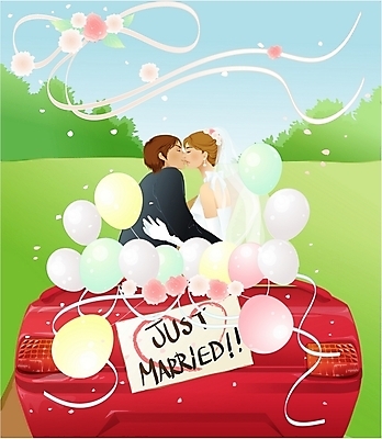 EPS 주간 커플 여자 남자 행복 신부 신랑 결혼 일러스트 자동차 키스 사람 이벤트 야외 두명 장식 신혼여행 축하 풍선 웨딩카 국내일러스트 자연요소 감정 육상교통 컨셉 관계 애정표현 파일형식 벡터