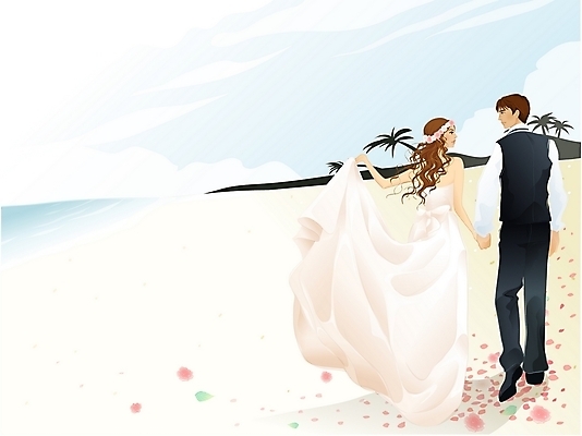 EPS 커플 드레스 여자 남자 행복 여유 신부 바다 신랑 결혼 일러스트 사랑 사람 이벤트 해변 야외 두명 신혼여행 국내일러스트 옷 감정 관계 파일형식 벡터