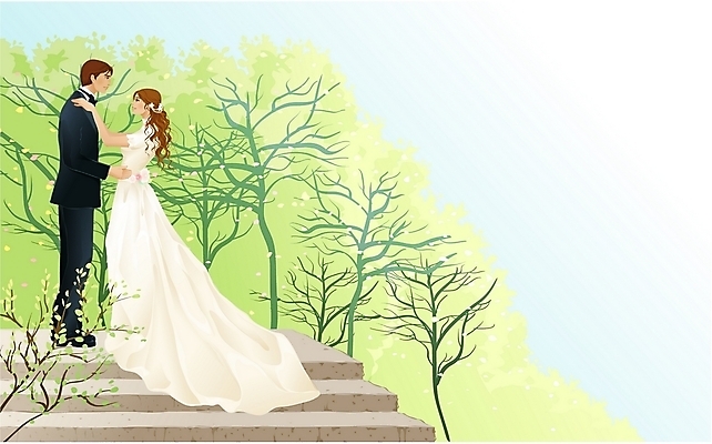 EPS 나무 커플 여자 남자 행복 신부 신랑 결혼 일러스트 사람 이벤트 야외 두명 계단 야외결혼 국내일러스트 식물 감정 관계 파일형식 벡터