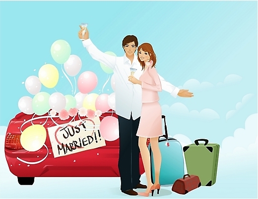 EPS 커플 여자 남자 행복 신부 신랑 결혼 일러스트 자동차 미소 사람 이벤트 야외 두명 여행가방 신혼여행 풍선 웨딩카 국내일러스트 감정 육상교통 가방 관계 표정 파일형식 벡터