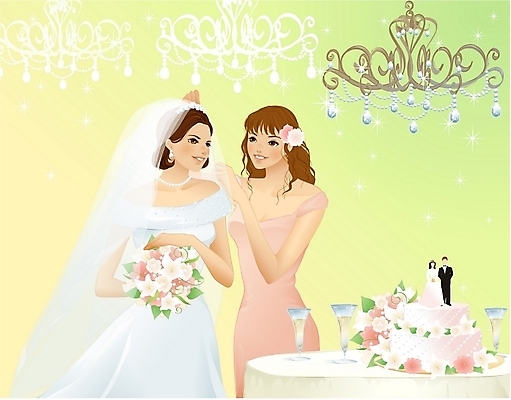 EPS 여자 신부 결혼 일러스트 탁자 미소 사람 이벤트 두명 친구 케이크 와인 축하 들러리 신랑신부인형 피로연 여자만 국내일러스트 인형 가구 컨셉 관계 디저트 주류 표정 하객 파일형식 벡터