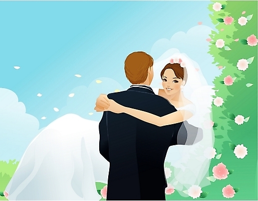 EPS 주간 커플 여자 남자 행복 신부 신랑 결혼 일러스트 포옹 미소 사람 이벤트 야외 두명 야외결혼 국내일러스트 자연요소 감정 관계 안기 표정 파일형식 벡터