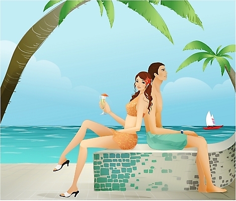 EPS 주간 커플 여자 남자 행복 여유 바다 결혼 일러스트 하늘 휴식 사람 이벤트 해변 야외 두명 야자수 신혼여행 선박 국내일러스트 자연요소 나무 감정 컨셉 수상교통 관계 파일형식 벡터