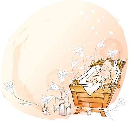 EPS 기독교 종교 일러스트 초 아기 예수 백합 오브젝트 아기예수 말구유 가상인물 국내일러스트 꽃 상상 사람 신_종교 파일형식 벡터