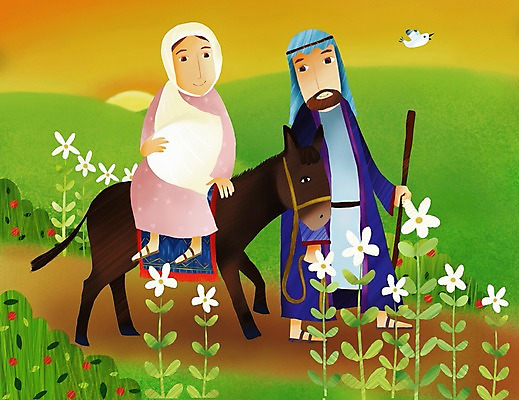 PSD 캐릭터 여자 남자 꽃 기독교 종교 일러스트 조류 이야기 사람 야외 두명 성경 말_동물 언덕 성경이야기 마리아 당나귀 요셉 국내일러스트 일러캐릭터 식물 동물 종교용품 포유류 파일형식