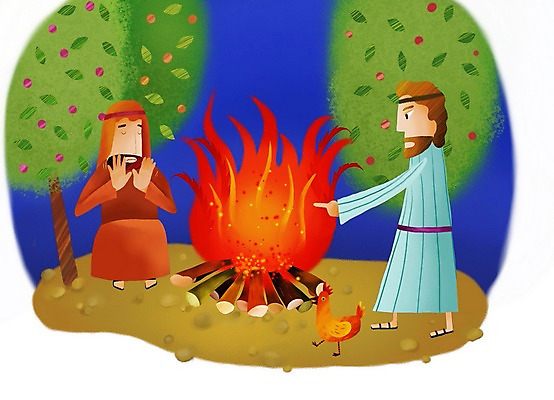 PSD 나무 캐릭터 남자 기독교 종교 일러스트 사람 야외 두명 성경 닭 예수 모닥불 성경이야기 남자만 국내일러스트 일러캐릭터 식물 종교용품 조류 불 이야기 신_종교 파일형식