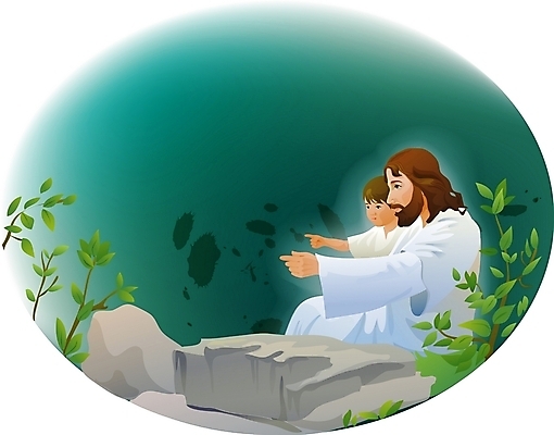 EPS 기념일 남자 기독교 종교 어린이 일러스트 나뭇잎 부활절 사람 소년 야외 두명 믿음 돌_바위 바위 예수 신앙심 남자만 소년만 국내일러스트 감정 잎 이벤트 신_종교 어린이만 파일형식 벡터