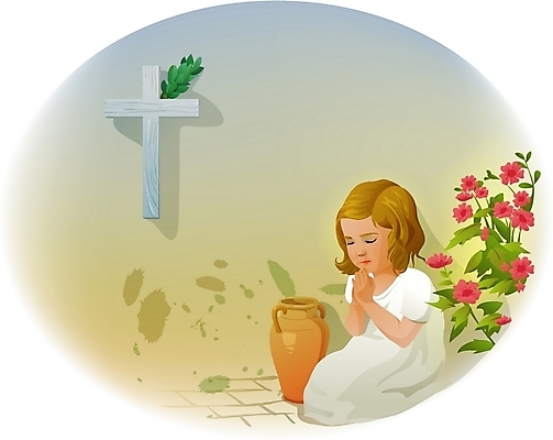 EPS 여자 꽃 기독교 종교 초등학생 어린이 십자가 일러스트 실내 한명 사람 소녀 믿음 기도 항아리 신앙심 여자만 여자한명만 어린이만 소녀만 소녀한명만 국내일러스트 식물 1 학생 감정 내부 도자기 파일형식 벡터