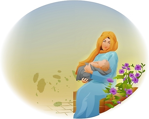 EPS 여자 남자 꽃 기독교 종교 아들 일러스트 엄마 사람 야외 두명 믿음 아기 마리아 신앙심 국내일러스트 식물 감정 가족 파일형식 벡터