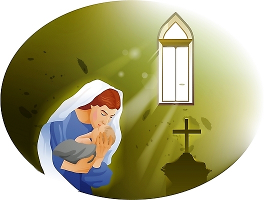 EPS 주간 여자 남자 기독교 종교 십자가 일러스트 창문 엄마 실내 사람 두명 빛 믿음 아기 신앙심 국내일러스트 자연요소 감정 가족 내부 파일형식 벡터