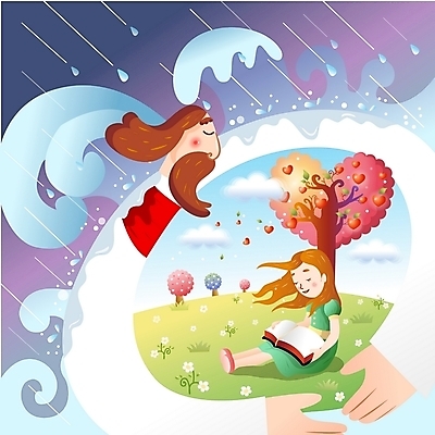 EPS 나무 구름 여자 남자 꽃 기독교 종교 어린이 일러스트 사람 소녀 잔디 두명 독서 성경 예수 비 보호 빗방울 언덕 국내일러스트 자연요소 식물 컨셉 종교용품 날씨 신_종교 비_날씨 파일형식 벡터