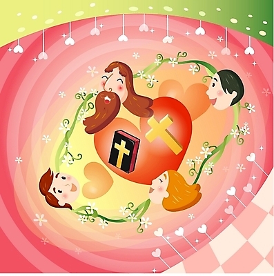 EPS 여자 남자 꽃 기독교 종교 십자가 일러스트 사랑 미소 사람 소년 여러명 성경 하트 예수 국내일러스트 모양 식물 감정 어린이 다수 종교용품 표정 신_종교 파일형식 벡터