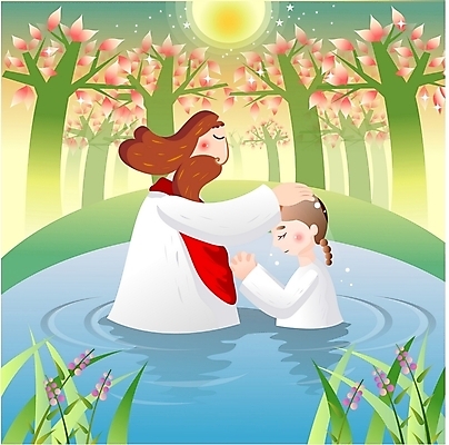 EPS 나무 여자 남자 기독교 종교 호수 일러스트 사람 야외 두명 물 기도 예수 숲 세례 국내일러스트 자연요소 식물 신_종교 파일형식 벡터