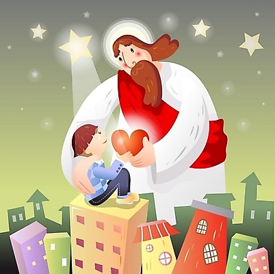 EPS 남자 별 기독교 종교 어린이 일러스트 밤하늘 주택 사랑 사람 빌딩 소년 야외 두명 건물 마을 예수 야간 남자만 소년만 국내일러스트 자연요소 건축물 감정 하늘 신_종교 어린이만 파일형식 벡터