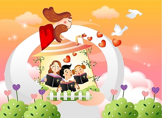 EPS 주간 나무 구름 여자 남자 기독교 종교 어린이 일러스트 가족 주택 사람 소녀 여러명 야외 울타리 성경 화목 하트 예수 찬송가 비둘기 국내일러스트 자연요소 모양 식물 다수 컨셉 노래 종교용품 관계 조류 건물 담장 신_종교 파일형식 벡터