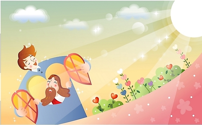 EPS 주간 구름 남자 꽃 기독교 종교 일러스트 창문 사람 소년 야외 두명 햇빛 태양 하트 예수 국내일러스트 자연요소 모양 식물 어린이 신_종교 파일형식 벡터