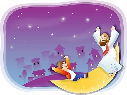 EPS 남자 별 기독교 종교 어린이 일러스트 사랑 사람 소년 야외 두명 건물 마을 달 예수 야간 남자만 소년만 국내일러스트 자연요소 건축물 감정 신_종교 어린이만 파일형식 벡터