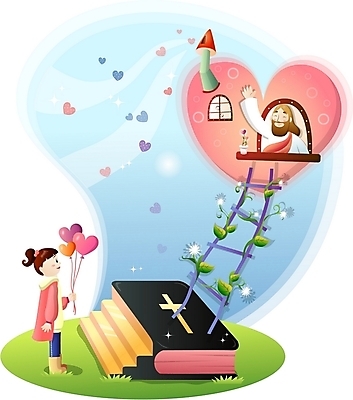 EPS 주간 여자 남자 기독교 종교 길 어린이 일러스트 사다리 창문 하늘 주택 사랑 사람 잔디 야외 두명 계단 성경 하트 예수 풍선 국내일러스트 자연요소 모양 식물 감정 종교용품 건물 도구 신_종교 파일형식 벡터