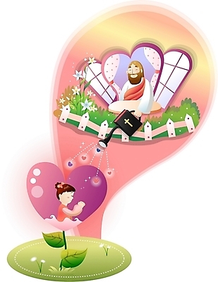 EPS 식물 여자 남자 기독교 종교 어린이 일러스트 창문 사랑 사람 소녀 두명 성경 물뿌리개 기도 하트 예수 물주기 국내일러스트 모양 감정 종교용품 모션 신_종교 파일형식 벡터