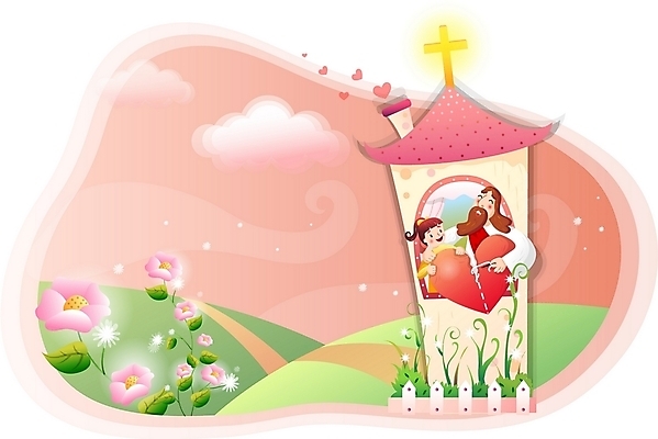 EPS 주간 구름 여자 남자 꽃 기독교 종교 길 어린이 일러스트 사랑 사람 소녀 야외 두명 건물 울타리 교회 하트 예수 국내일러스트 자연요소 모양 식물 건축물 감정 종교건축 담장 신_종교 파일형식 벡터