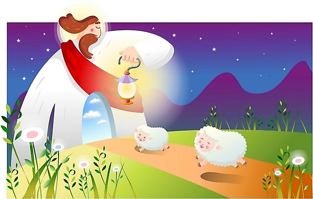 EPS 꽃 별 기독교 종교 길 일러스트 출입구 산 한명 사람 20대 성인 야외 빛 달 램프 양 풀 예수 야간 청년만 성인만 국내일러스트 자연요소 식물 1 포유류 조명 청년 신_종교 파일형식 벡터