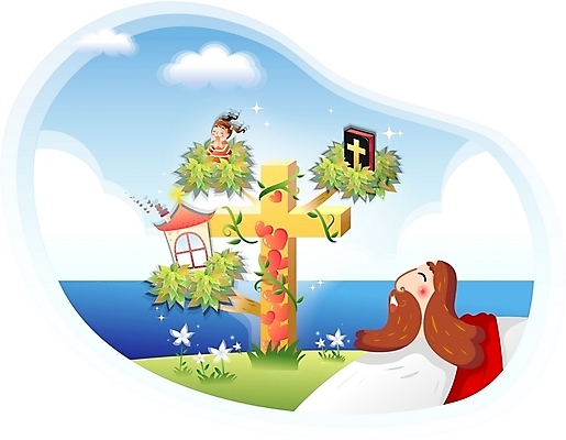 EPS 주간 구름 여자 남자 꽃 기독교 종교 어린이 바다 십자가 일러스트 하늘 주택 사람 소녀 야외 두명 빛 성경 예수 국내일러스트 자연요소 식물 종교용품 건물 신_종교 파일형식 벡터