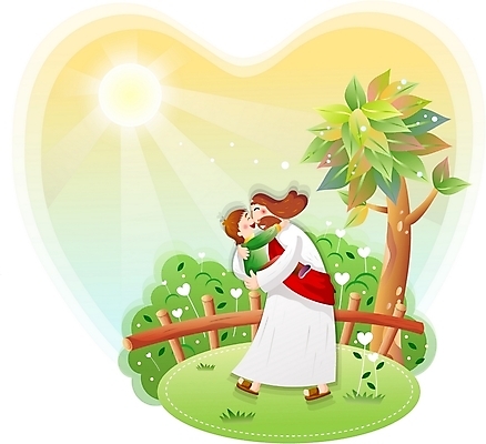 EPS 주간 나무 남자 꽃 기독교 종교 어린이 일러스트 포옹 사랑 사람 소년 잔디 야외 두명 빛 울타리 태양 풀 예수 남자만 소년만 국내일러스트 자연요소 식물 감정 안기 담장 신_종교 어린이만 파일형식 벡터