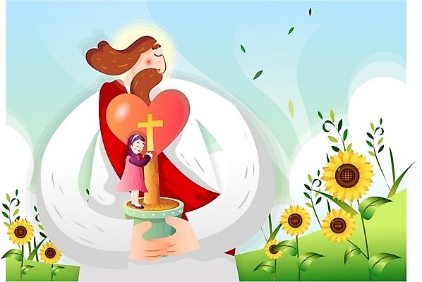 EPS 주간 여자 남자 꽃 기독교 종교 화분 어린이 십자가 일러스트 바람 해바라기 사랑 사람 소녀 야외 두명 빛 하트 예수 후광 국내일러스트 자연요소 모양 식물 감정 날씨 신_종교 파일형식 벡터