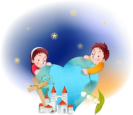 EPS 여자 남자 꽃 별 기독교 종교 지구 어린이 십자가 지도 일러스트 사람 소녀 소년 두명 건물 글로벌 예수 하나님 신 방울꽃 국내일러스트 자연요소 식물 건축물 신_종교 파일형식 벡터