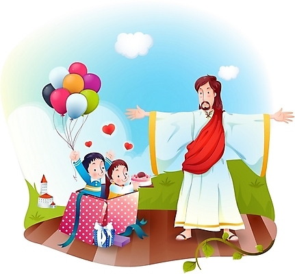 EPS 여자 남자 기독교 어린이 일러스트 하늘 사람 소녀 이벤트 소년 세명 선물상자 상자 케이크 예수 풍선 국내일러스트 종교 디저트 선물 신_종교 파일형식 벡터