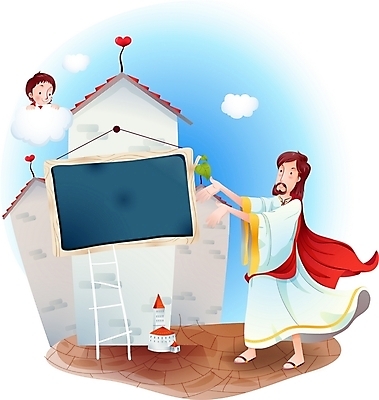 EPS 주간 구름 여자 남자 기독교 종교 일러스트 사다리 하늘 안내 광고판 알림판 사람 야외 두명 건물 칠판 예수 하나님 신 알림 국내일러스트 자연요소 건축물 도구 신_종교 판 파일형식 벡터